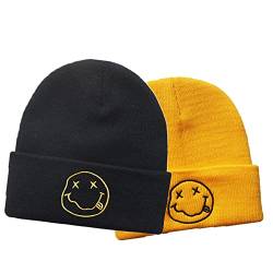 LANLYLGQ 2Stück Beanie Unisex Herren Damen Wintermütze Strickmütze Warmmütze Skimütze Stickerei Smiley Face (Schwarz+Gelb) von LANLYLGQ