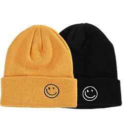 LANLYLGQ 2Stück Beanie Unisex Herren Damen Wintermütze Strickmütze Warmmütze Skimütze Stickerei Smiley Face (Schwarz+Gelb C) von LANLYLGQ