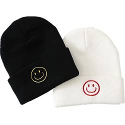 LANLYLGQ 2Stück Beanie Unisex Herren Damen Wintermütze Strickmütze Warmmütze Skimütze Stickerei Smiley Face (Schwarz+Weiß Z) von LANLYLGQ