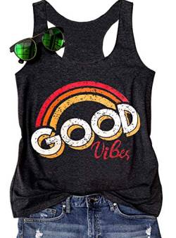 Good Vibes Tank-Top für Damen, Vintage-Regenbogen-Shirt, Sommer, niedlich, lässige Grafik-T-Shirts, lustiges Workout - Grau - Mittel von LANMERTREE