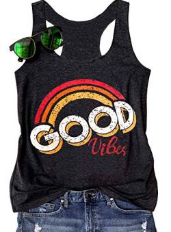 Good Vibes Tank-Top für Damen, Vintage-Regenbogen-Shirt, Sommer, niedlich, lässige Grafik-T-Shirts, lustiges Workout - Grau - X-Groß von LANMERTREE