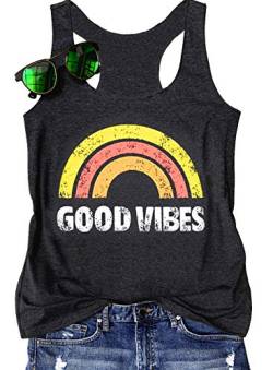 Good Vibes Tank-Top für Damen, Vintage-Regenbogen-Shirt, Sommer, niedlich, lässige Grafik-T-Shirts, lustiges Workout - - X-Groß von LANMERTREE