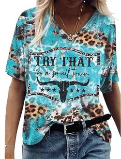 LANMERTREE Try That in A Small Town Shirt Country Music American Flag Damen Kurzarm T-Shirt Graphic Tee Shirt, Blauer Leopard, Klein von LANMERTREE