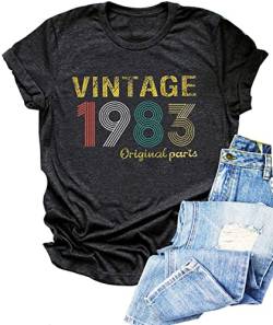 Vintage 1983 Originalteile T Shirt für Frauen 40 Geburtstag Geschenk Shirts Brief Druck Retro Geburtstag Casual Tee Tops, grau dunkel, Mittel von LANMERTREE