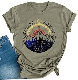 Wander Damen Berg Camping T-Shirt Sommer Camping Wandern Urlaub Shirts Teen Mädchen Lustige Wald Camper Tees Tops - Grün - X-Groß von LANMERTREE