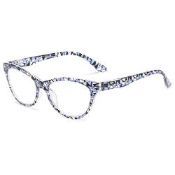 LANOMI Mode Lesebrille Damen Blumenmuster Katzenauge Sehhilfe Lesehilfe Kunststoff Bunt Blaulichtfilter Brille mit Stärke C4(Blau) 1.5 von LANOMI