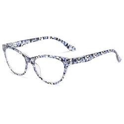 LANOMI Mode Lesebrille Damen Blumenmuster Katzenauge Sehhilfe Lesehilfe Kunststoff Bunt Blaulichtfilter Brille mit Stärke C4(Blau) 3.5 von LANOMI