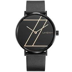 LANZOOM Herrenuhr Designorientiert schwarzes Zifferblatt minimalistische Armbanduhr mit Lederband Uhr Serie Edwi, gold, Riemen von LANZOOM