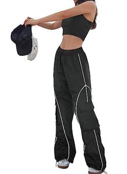 LAOARA Baggy Cargo Fallschirmhose für Frauen Trendy Kordelzug Elastische Taille Lose Breites Bein Trainingshose Y2K Streetwear Hosen, Schwarz, M von LAOARA