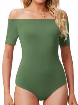 LAOALSI Damen-Body, schulterfrei, kurzärmelig, schmale Passform, lässiger Basic-Body, Grün (Army Green), XL von LAOLASI
