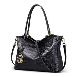 Damen-Handtaschen aus echtem Leder, Top-Griff, börsen und Handtaschen für Frauen, Umhängetaschen, strukturierte Taschen, Schwarz (02 Schwarz), Large von LAORENTOU