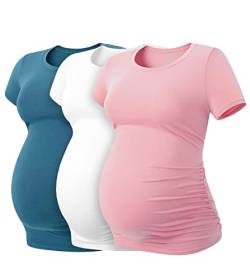LAPASA Damen 3 er Pack Umstandstop Umstandsmode Umstandskleidung Tops Schwangerschaft Kurzarm Umstands T-Shirt L55, Blaugrün, Weiß, Rosa, XL von LAPASA