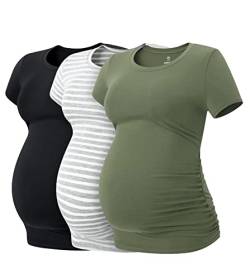 LAPASA Damen 3 er Pack Umstandstop Umstandsmode Umstandskleidung Tops Schwangerschaft Kurzarm Umstands T-Shirt L55, Schwarz, Grau gestreift, Olivgrün, S von LAPASA