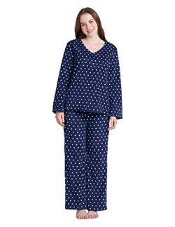 LAPASA Damen Fleece Pyjama Set V-Ausschnitt Oberteil Hose L107 (X-Small, Navy Blau gepunktet) von LAPASA