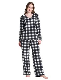 LAPASA Damen Fleece Pyjama Set V-Ausschnitt Oberteil Hose L107 (X-Small, Schwarz Weiß kariert) von LAPASA