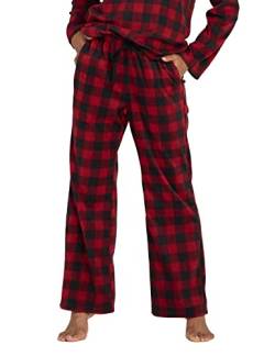 LAPASA Damen Fleece Pyjamahose Soft warm Loungehose mit Taschen Relaxed Fit L109, Rot Schwarz kariert, XXL von LAPASA