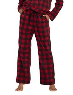 LAPASA Damen Fleece Pyjamahose soft warm Loungehose mit Taschen Relaxed Fit L109, Rot Schwarz kariert, XS von LAPASA