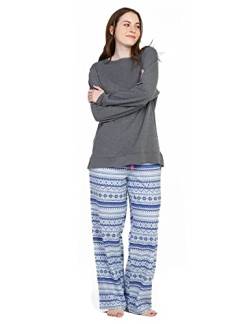 LAPASA Damen Pyjama Set 100% Baumwolle Schlafanzug Set Loungewear Jersey-Oberteil Flanellhose L96 (L, Grau meliert+ Blauer Schnee Fair Isle) von LAPASA