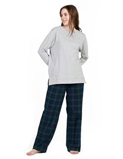 LAPASA Damen Pyjama Set 100% Baumwolle Schlafanzug Set Loungewear Jersey-Oberteil Flanellhose L96 (L, Hellgrau meliert + Dunkelgrün & Navy Blau) von LAPASA