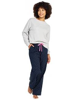 LAPASA Damen Pyjama Set 100% Baumwolle Schlafanzug Set Loungewear Jersey-Oberteil Flanellhose L96 (L, Hellgrau meliert + Navy Blau gepunktet) von LAPASA