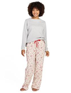 LAPASA Damen Pyjama Set 100% Baumwolle Schlafanzug Set Loungewear Jersey-Oberteil Flanellhose L96 (M, Hellgrau meliert + Hellbeige mit Blumen) von LAPASA