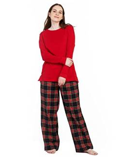 LAPASA Damen Pyjama Set 100% Baumwolle Schlafanzug Set Loungewear Jersey-Oberteil Flanellhose L96 (M, Rot + Dunkelgrün & Navy Blau) von LAPASA