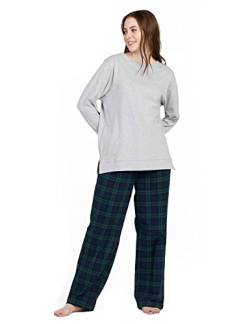 LAPASA Damen Pyjama Set 100% Baumwolle Schlafanzug Set Loungewear Jersey-Oberteil Flanellhose L96 (XL, Hellgrau meliert + Dunkelgrün & Navy Blau) von LAPASA