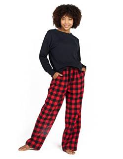 LAPASA Damen Pyjama Set 100% Baumwolle Schlafanzug Set Loungewear Jersey-Oberteil Flanellhose L96 (XL, Schwarz + Rot & Schwarz) von LAPASA