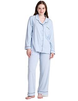 LAPASA Damen Pyjama Set Knöpfe Loungewear Oberteil Hose L103 (Large, Hellblau) von LAPASA