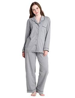 LAPASA Damen Pyjama Set Knöpfe Loungewear Oberteil Hose L103 (Large, Hellgrau meliert) von LAPASA