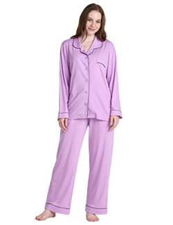 LAPASA Damen Pyjama Set Knöpfe Loungewear Oberteil Hose L103 (Large, Hellviolett gepunktet) von LAPASA