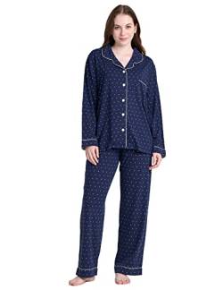 LAPASA Damen Pyjama Set Knöpfe Loungewear Oberteil Hose L103 (Medium, Navy Blau gepunktet) von LAPASA