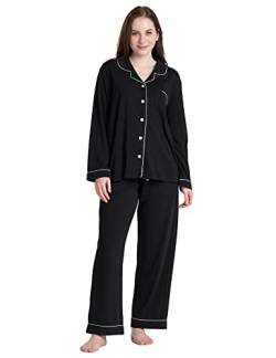 LAPASA Damen Pyjama Set Knöpfe Loungewear Oberteil Hose L103 (Medium, Schwarz) von LAPASA