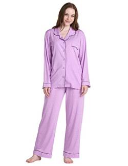 LAPASA Damen Pyjama Set Knöpfe Loungewear Oberteil Hose L103 (Small, Hellviolett gepunktet) von LAPASA