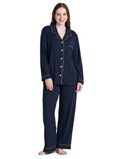 LAPASA Damen Pyjama Set Knöpfe Loungewear Oberteil Hose L103 (X-Small, Navy Blau) von LAPASA