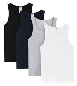 LAPASA Herren Baumwolle Unterhemd 4er Pack Classic Tank Top Fitness Rundhals Einfarbig ärmellose Achselshirt Muskelshirt M35 (Schwarz, Blau, Grau, Weiß), L von LAPASA