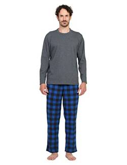 LAPASA Herren Pyjama-Set Relaxed Fit Schlafanzugset, Flecce Hose & Baumwolle Top M129, Grau Top + Blau & Schwarze Hose, XXL von LAPASA