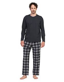 LAPASA Herren Pyjama-Set Relaxed Fit Schlafanzugset, Flecce Hose & Baumwolle Top M129, Grau Top + Grau & Schwarze Hose, S von LAPASA