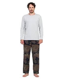 LAPASA Herren Pyjama-Set Relaxed Fit Schlafanzugset, Flecce Hose & Baumwolle Top M129, Hellgraues Oberteil + Grüne Camouflage Hose, M von LAPASA