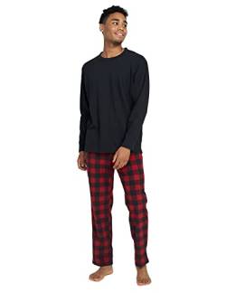 LAPASA Herren Pyjama-Set Relaxed Fit Schlafanzugset, Flecce Hose & Baumwolle Top M129, Schwarzes Top + Rote & Schwarze Hose, M von LAPASA