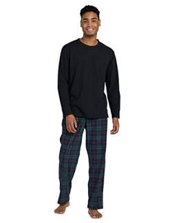 LAPASA Herren Pyjama-Set Relaxed Fit Schlafanzugset, Flecce Hose & Baumwolle Top M129, Schwarzes Top + dunkelgrüne und marineblaue Hose, XXL von LAPASA