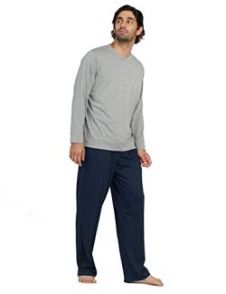 LAPASA Herren Schlafanzugset Pyjama-Set Hose Oberteil (L, Set: Oberteil in Grau meliert + Navy Blau Hose) von LAPASA