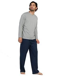 LAPASA Herren Schlafanzugset Pyjama-Set Hose Oberteil (XL, Set: Oberteil in Grau meliert + Navy Blau Hose) von LAPASA