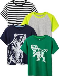 LAPASA Kinder T Shirt 100% Baumwolle 4er Pack Unisex 3-13 Jahre/ 95-165 Jungen, Grün Dino, Blau Bär, Grau+Gelb, Streifen, 3-4 Jahre von LAPASA