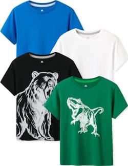 LAPASA Kinder T Shirt 100% Baumwolle 4er Pack Unisex 3-13 Jahre/ 95-165 Jungen, Grün Dino, Schwarz Bär, Blau, Weiß, 5-6 Jahre von LAPASA