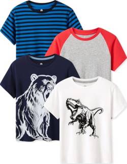 LAPASA Kinder T Shirt 100% Baumwolle 4er Pack Unisex 3-13 Jahre/ 95-165 Jungen, Weiß Dino, Blau Bär, Grau+Rot, Blaue Streifen, 3-4 Jahre von LAPASA