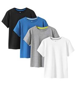 LAPASA Kinder T Shirt 100% Baumwolle 4er Pack Unisex 3-13 Jahre/ 95-165 Jungen Mädchen K01 (Schwarz, Weiß, Hellgrau, Blau, Large) von LAPASA