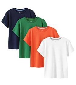 LAPASA Kinder T Shirt 100% Baumwolle 4er Pack Unisex 3-13 Jahre/ 95-165 Jungen Mädchen K01 (Weiß, Orange, Dunkelgrün, Navy Blau, Large) von LAPASA