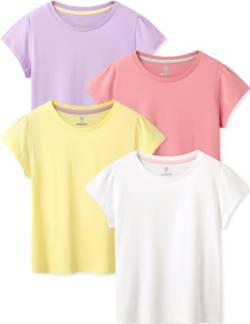 LAPASA Mädchen 4er Pack Baumwoll Kinder T-Shirt Einfarbig 3-13 Jahre/ 95-165, Weiß, Hellgelb, Helllila, Rosa，3-4 Jahre von LAPASA