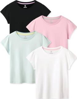 LAPASA Mädchen 4er Pack Baumwoll Kinder T-Shirt Einfarbig 3-13 Jahre/ 95-165, Weiß, Schwarz, Aqua,Baby Pink，3-4 Jahre von LAPASA